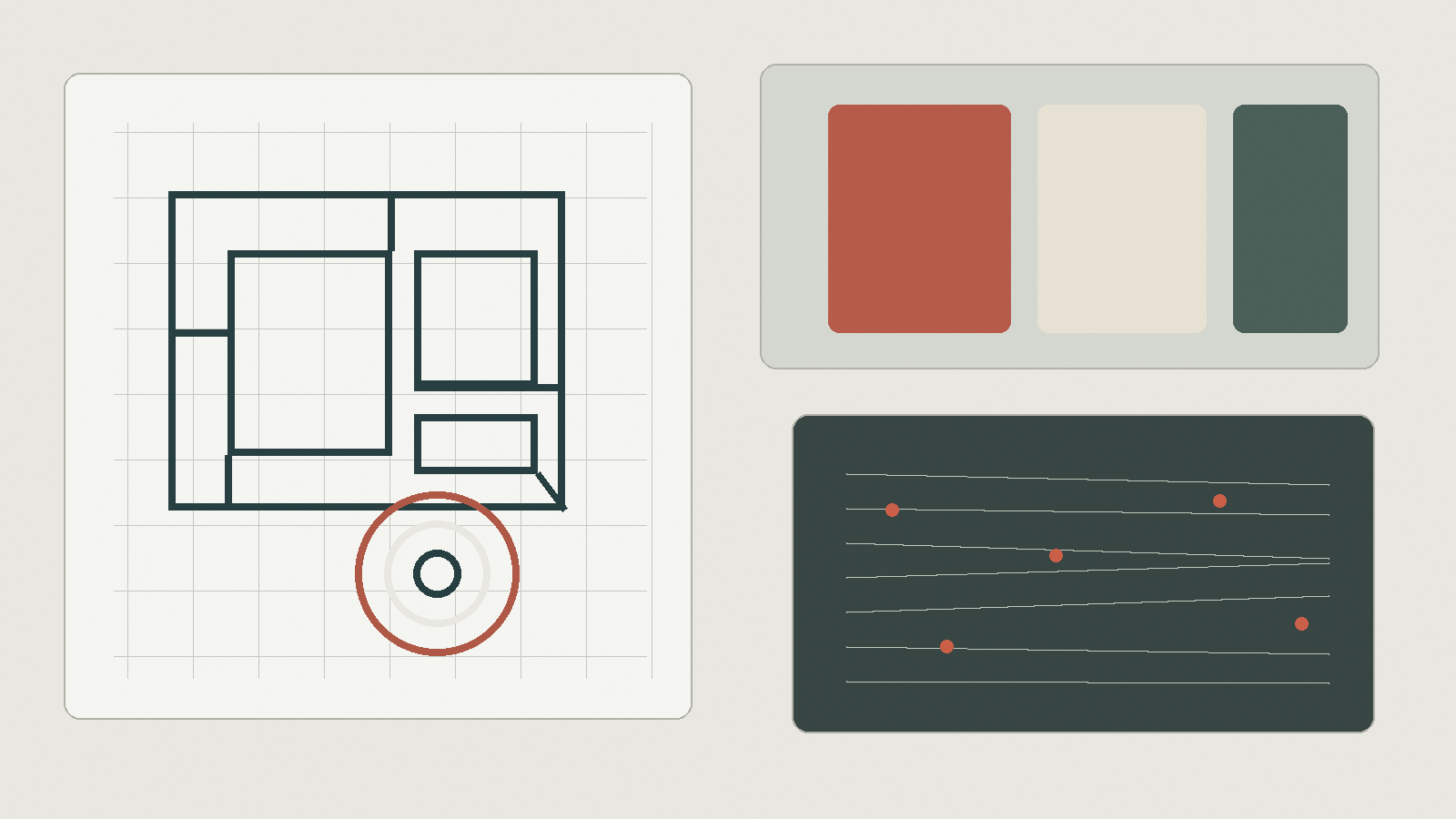 Architectural plan, material swatches, and pinned reference lines
